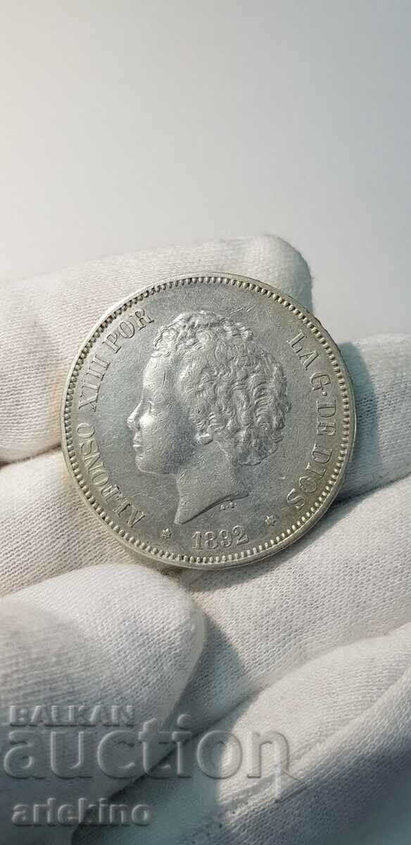 1892 Alfonso 5 Pesetas silver collectible coin