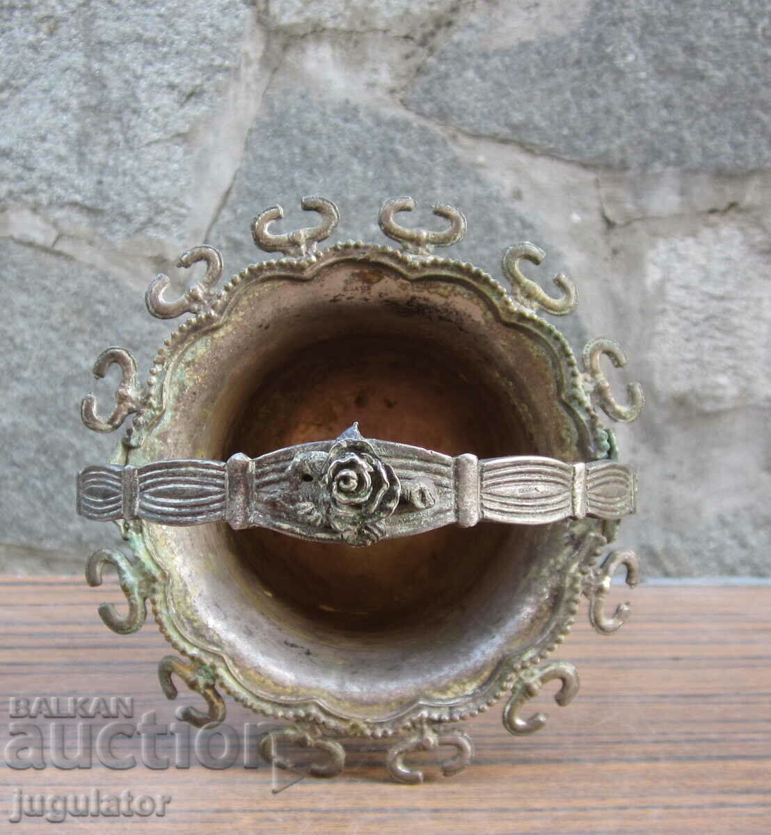 Auction antique silver plated sugar bowl with spoon holder Auction antique silver plated sugar bowl with spoon holder