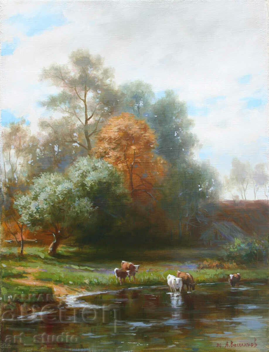 Pastoral landscape with cows - oil paints