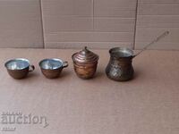 Old copper coffee service - cezve, cups, sugar bowl