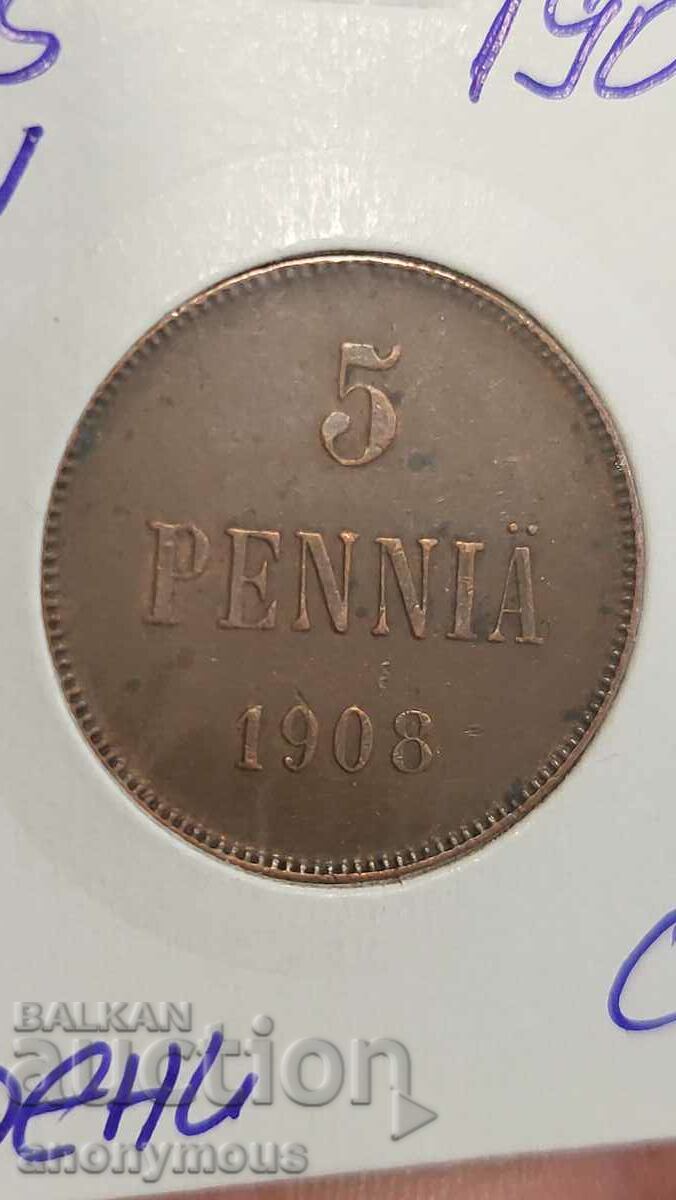 Copper coin Russia, Finland 5 pence 1908 Nicholas II