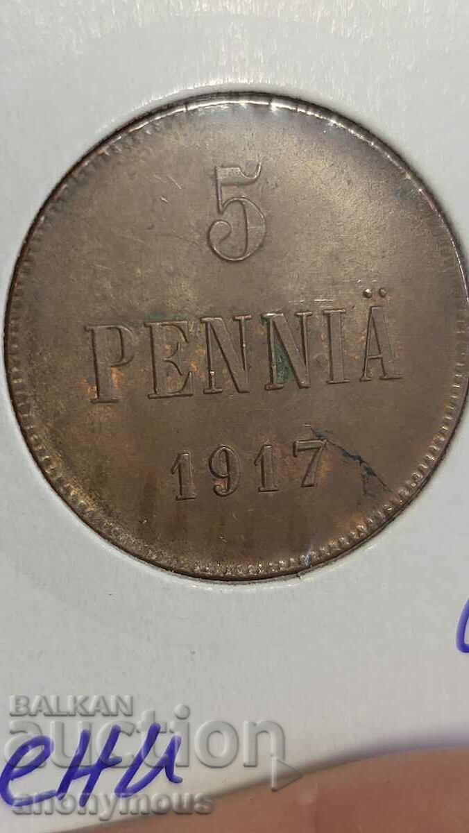 Copper coin Russia, Finland 5 pence 1917 revolutionary