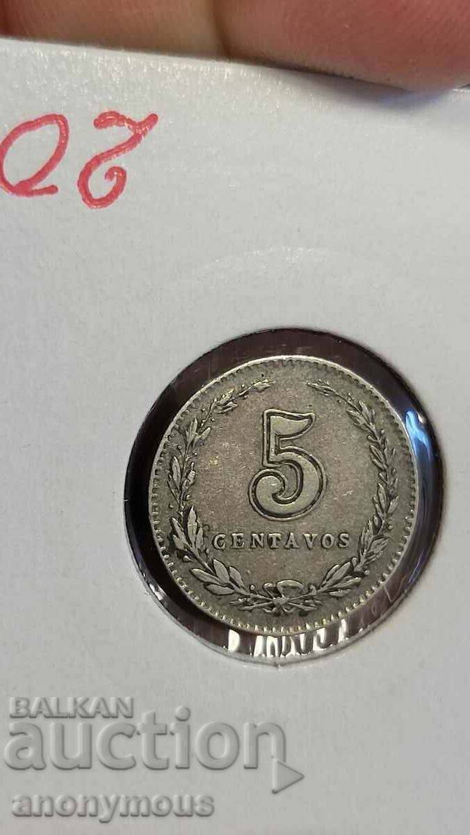 Монета Аржентина 1898 5 цента, центавос,сентавос с цена € 10.23 | 20.01 лв.