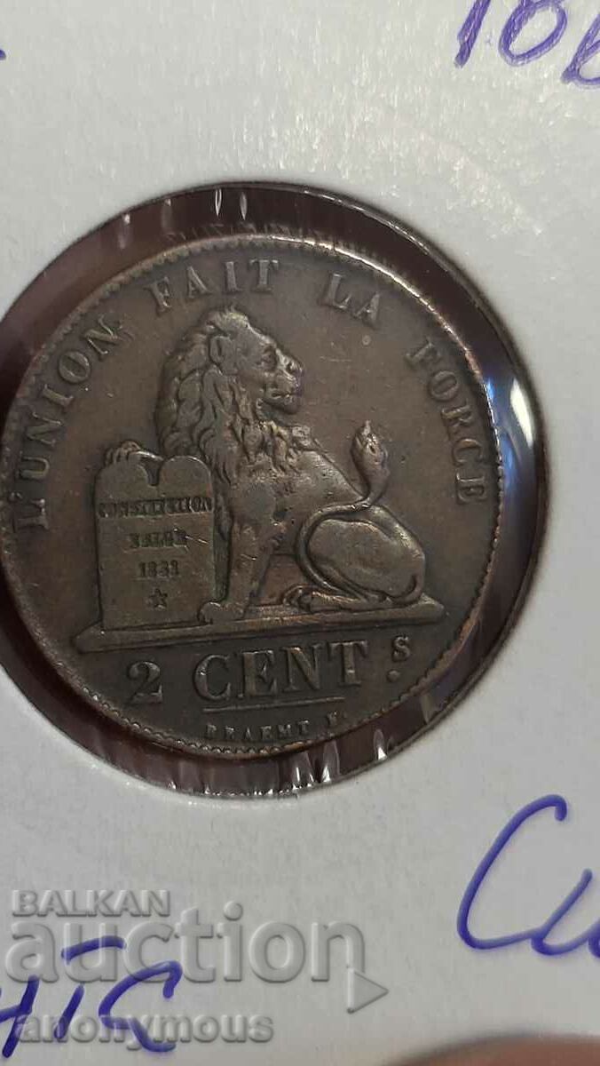 Copper coin Belgium 2 cents 1863