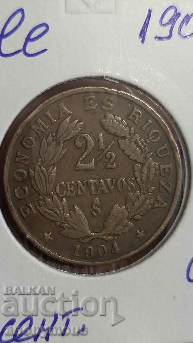 Copper coin Chile 2 cents, centavos, centavos and a half 1904