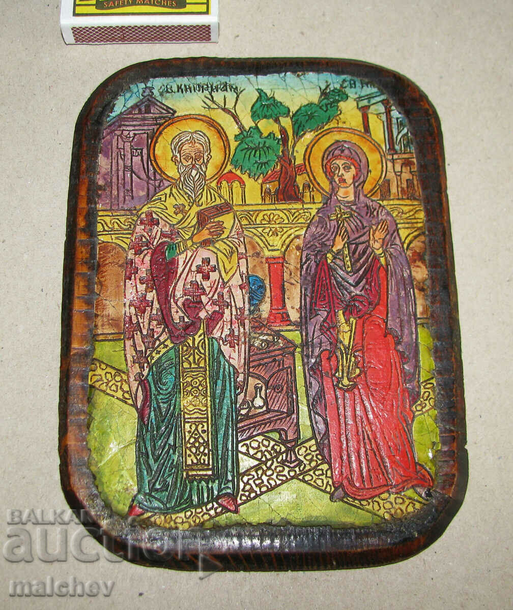 Icon of St. Cyprian and St. Justina, 16 cm, wood, imit. ceramics