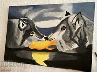 Drawing of wolves on canvas with paints.