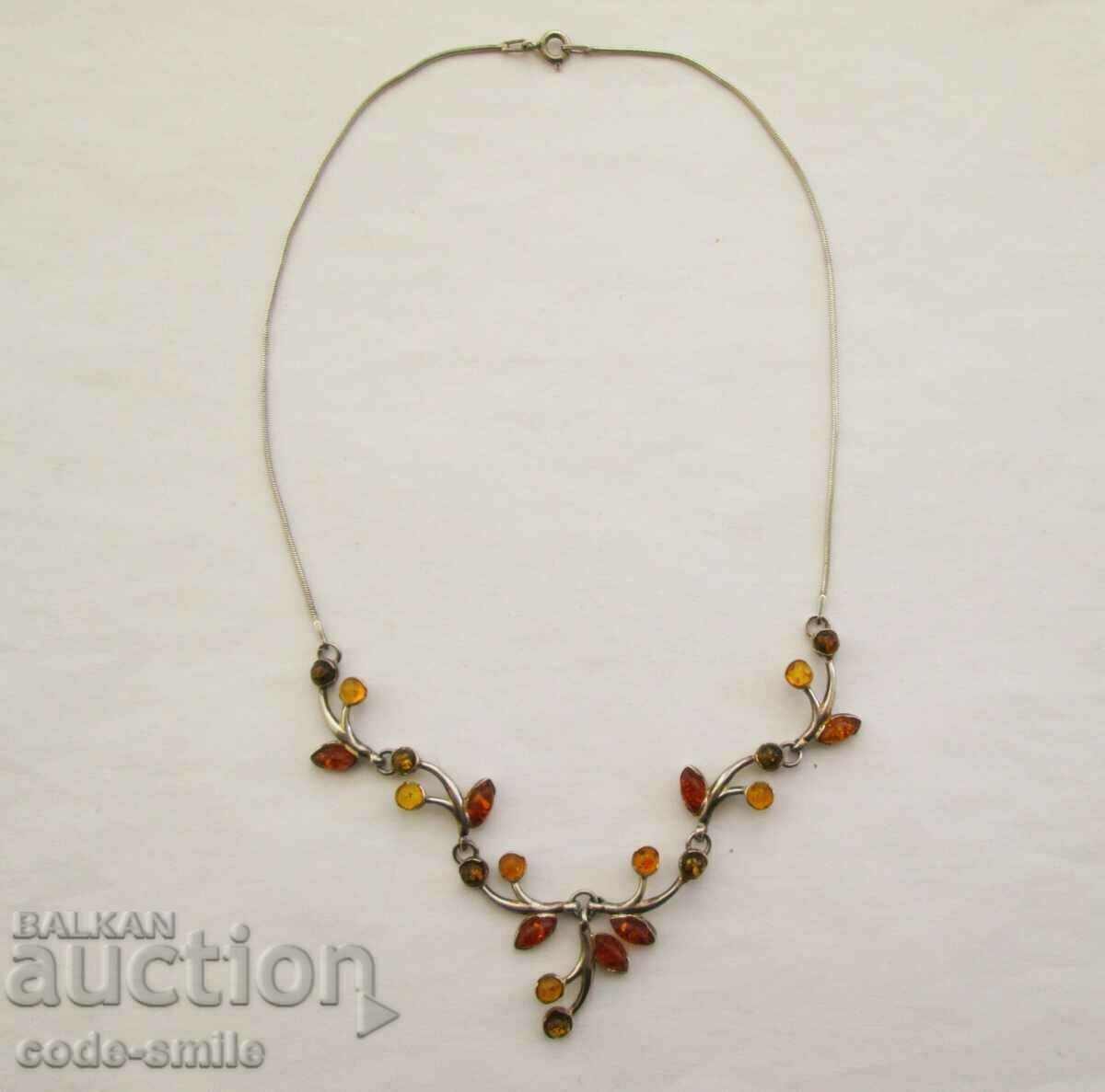 Delicate silver necklace with natural multi-colored amber jewelry