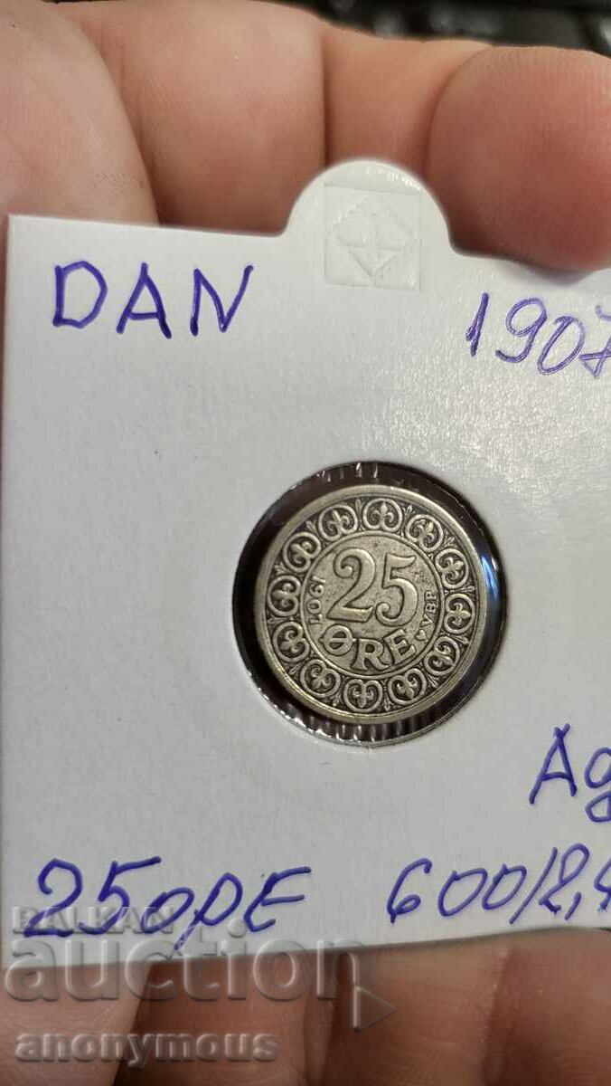 Moneda de argint Danemarca 25 jore, minereu 1907