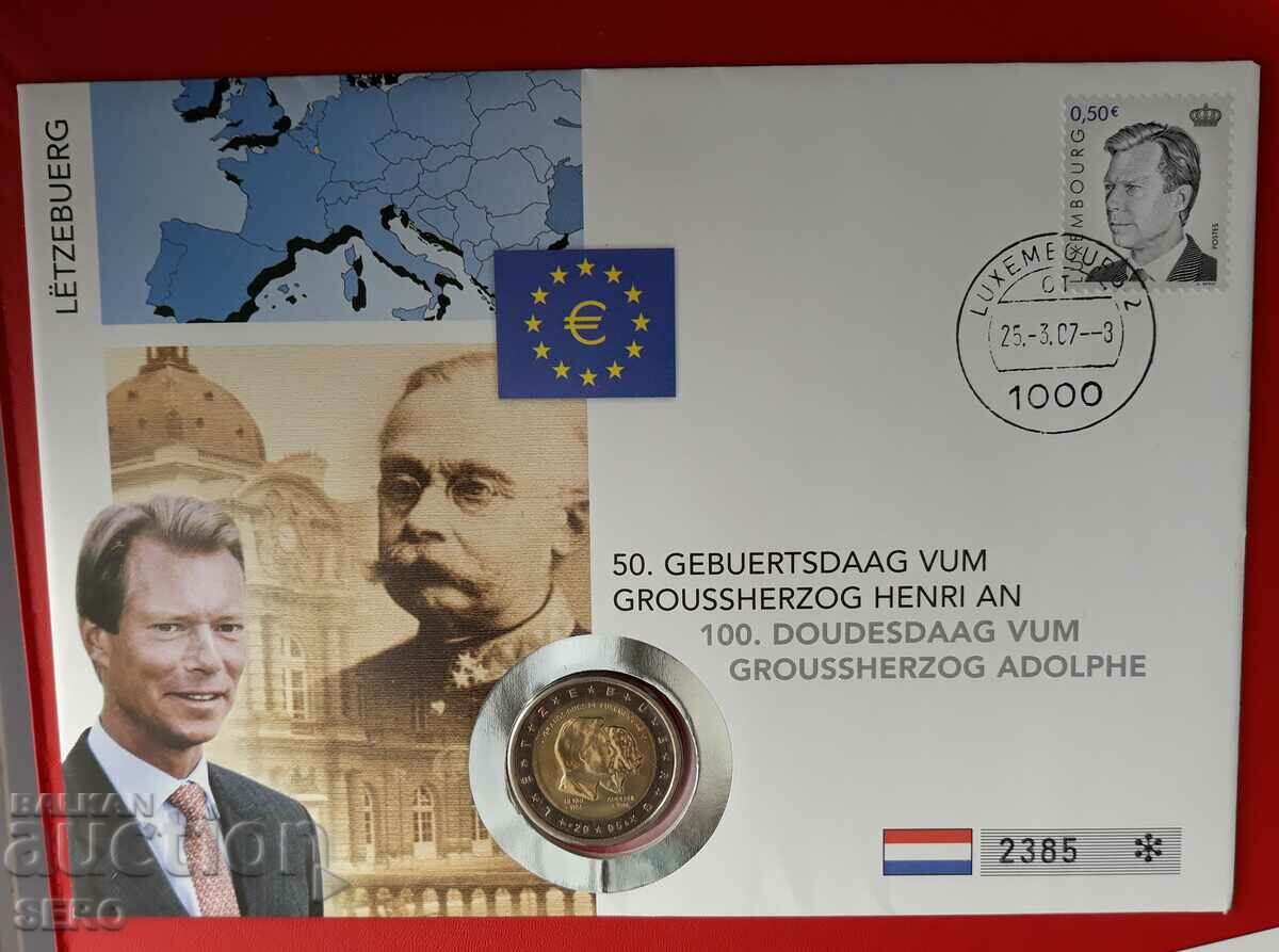 Luxembourg-2 euro 2005 and postage stamp in a beautiful envelope