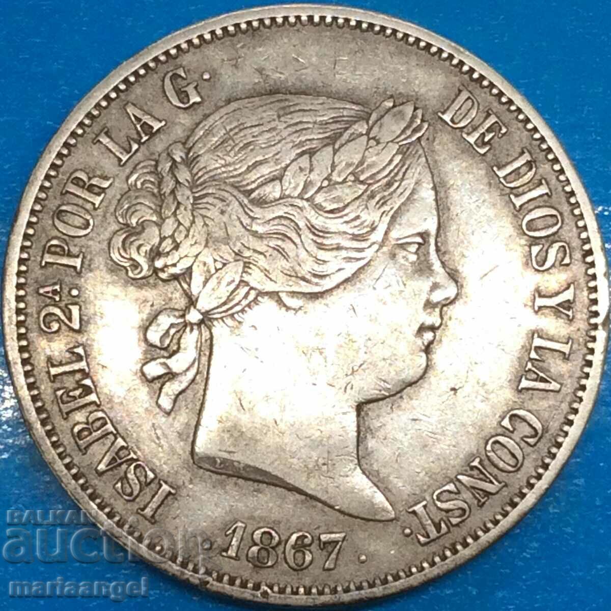 Spania 2 Escudos 1867 Madrid Isabel II 25,98g argint - rar