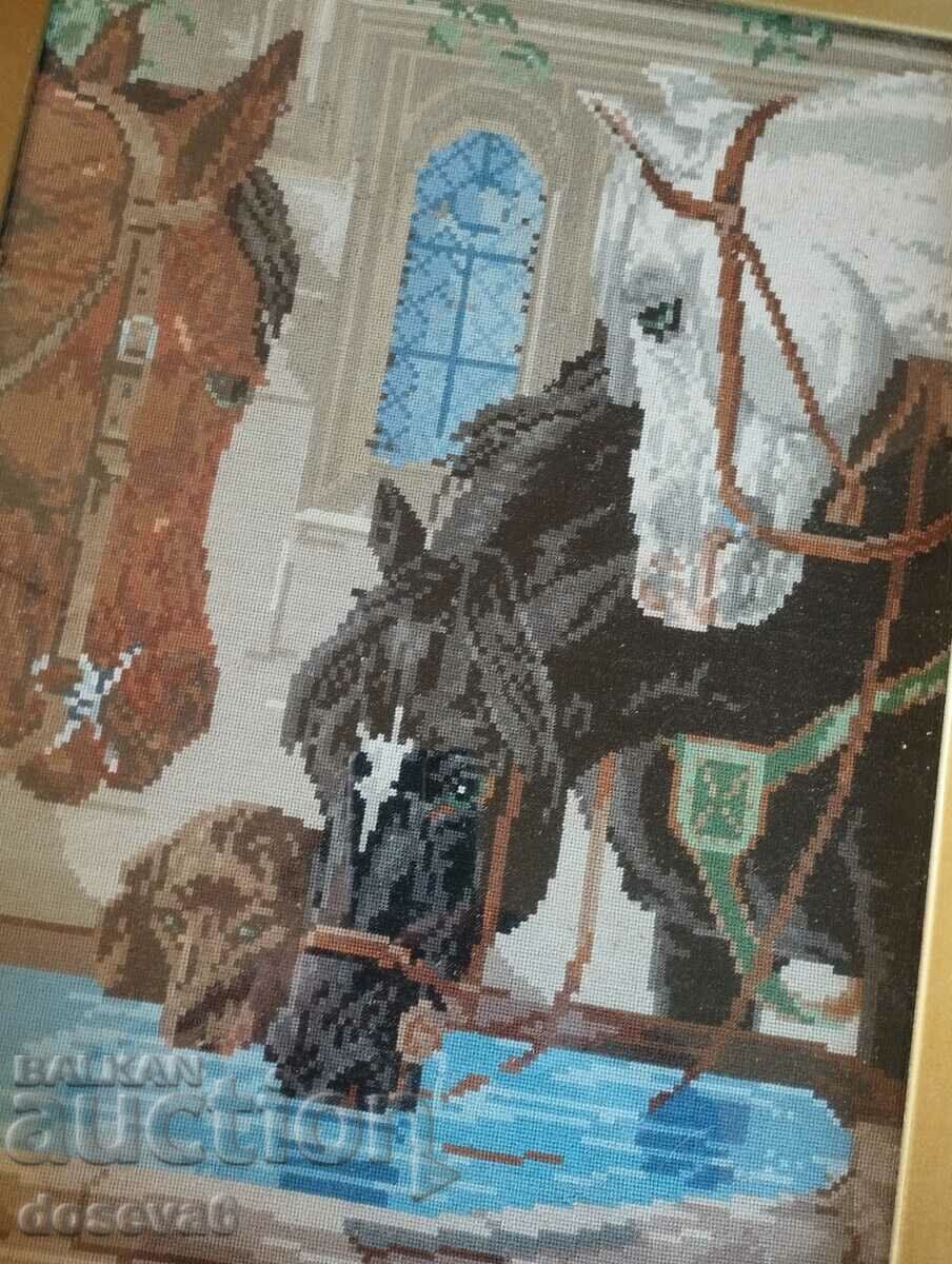 tapestry "Horses at a watering hole" in a baroque frame. - 5 tapestry "Horses at a watering hole" in a baroque frame. - 5