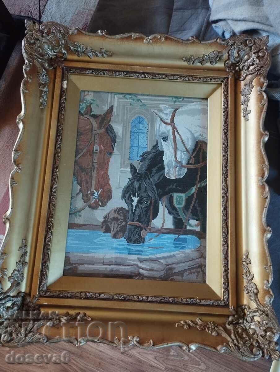 tapestry "Horses at a watering hole" in a baroque frame.