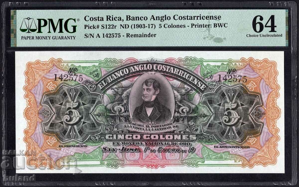 PMG 64 Costa Rica Bancnotă Certificată 5 Coloni 1903-1917