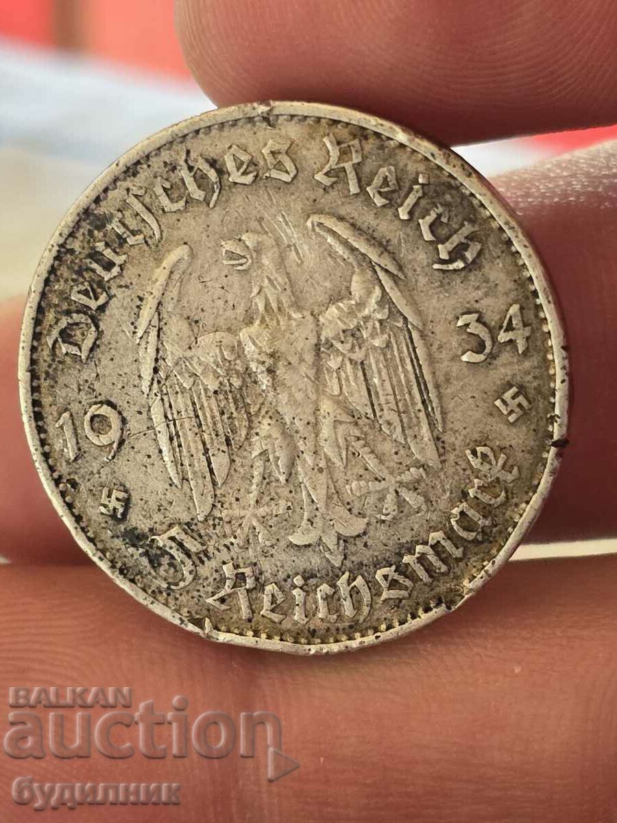 5 Райхсмарк 1934г. 13.87 Грама. От Стотинка  БЗЦ