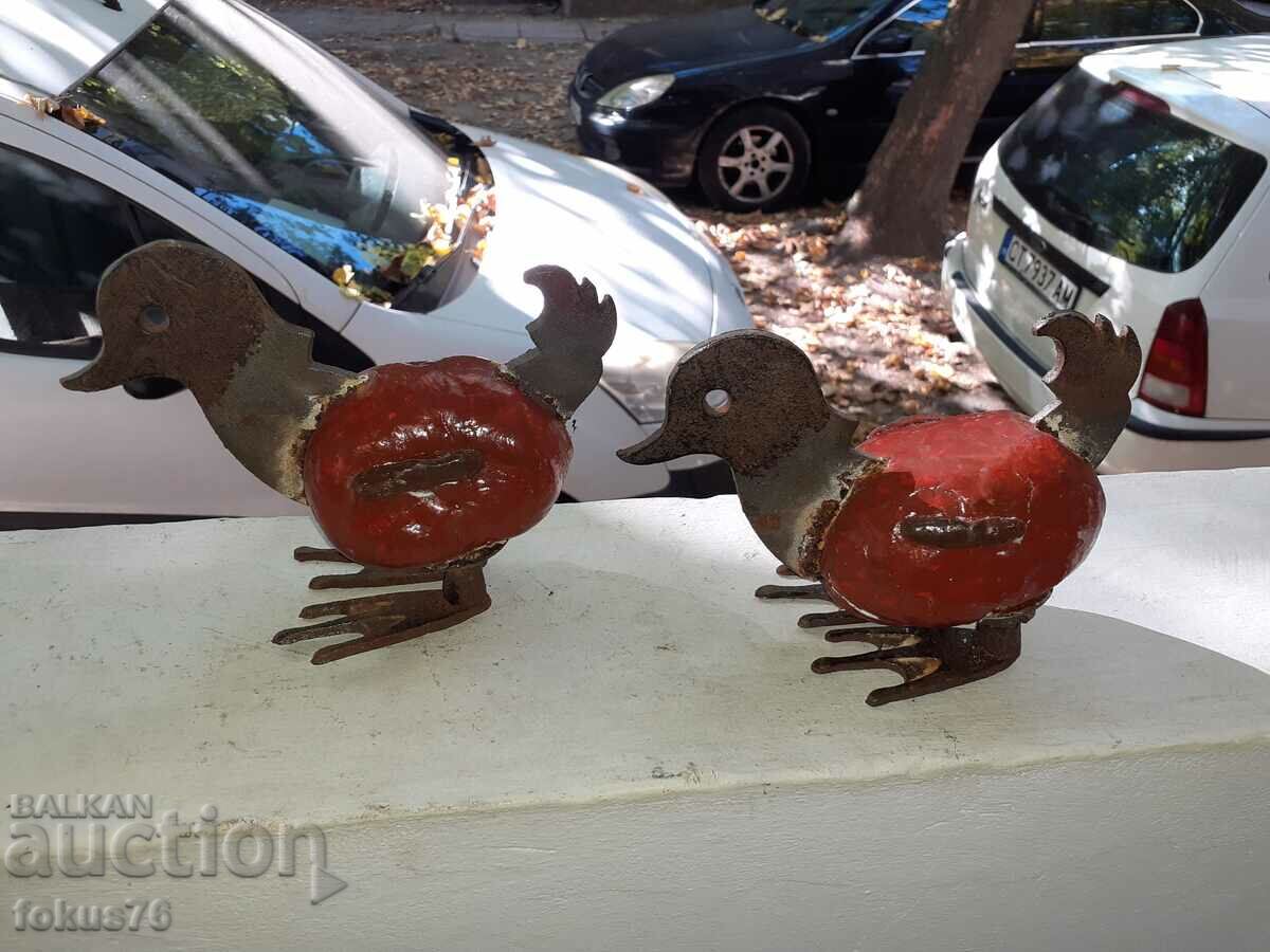 Two old metal chicks figure statuette plastic