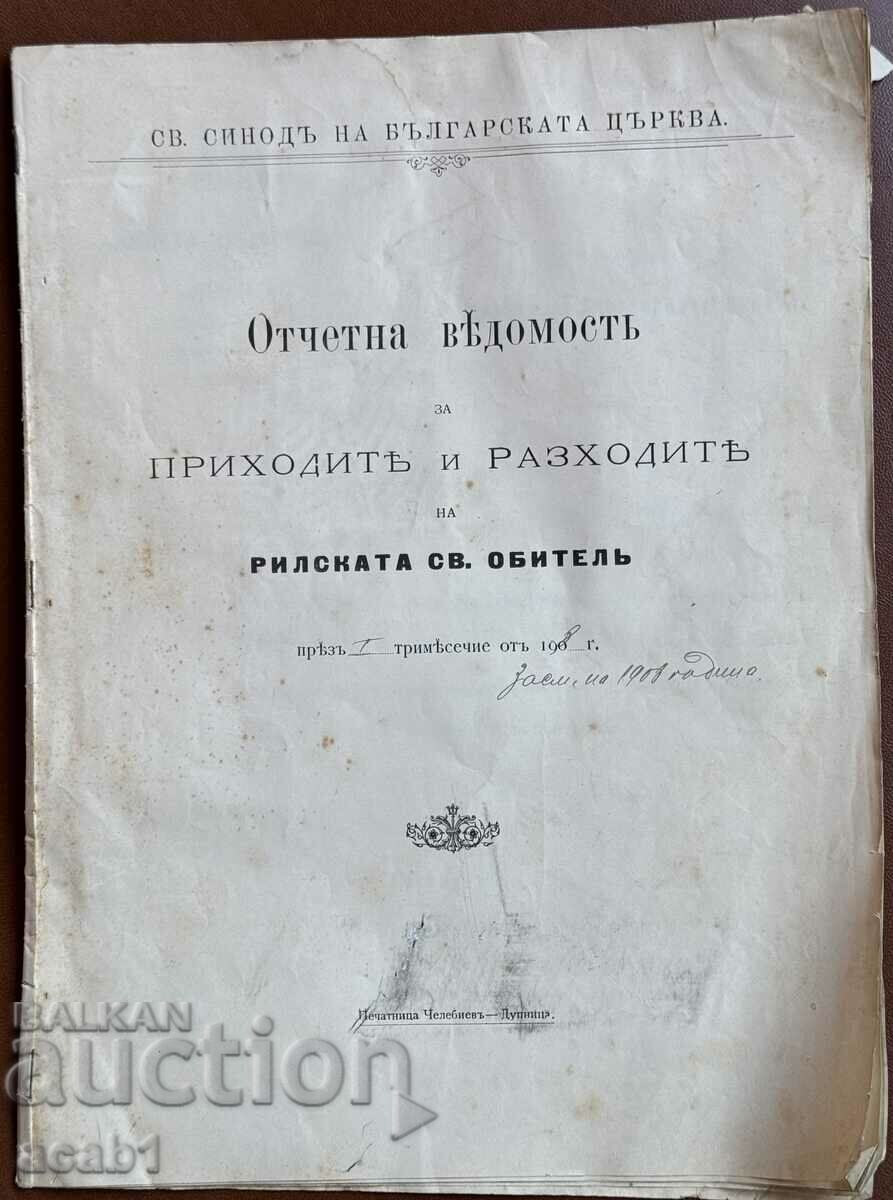 Рилска Обител Отчетна Ведомост за 1908 Тримесечие