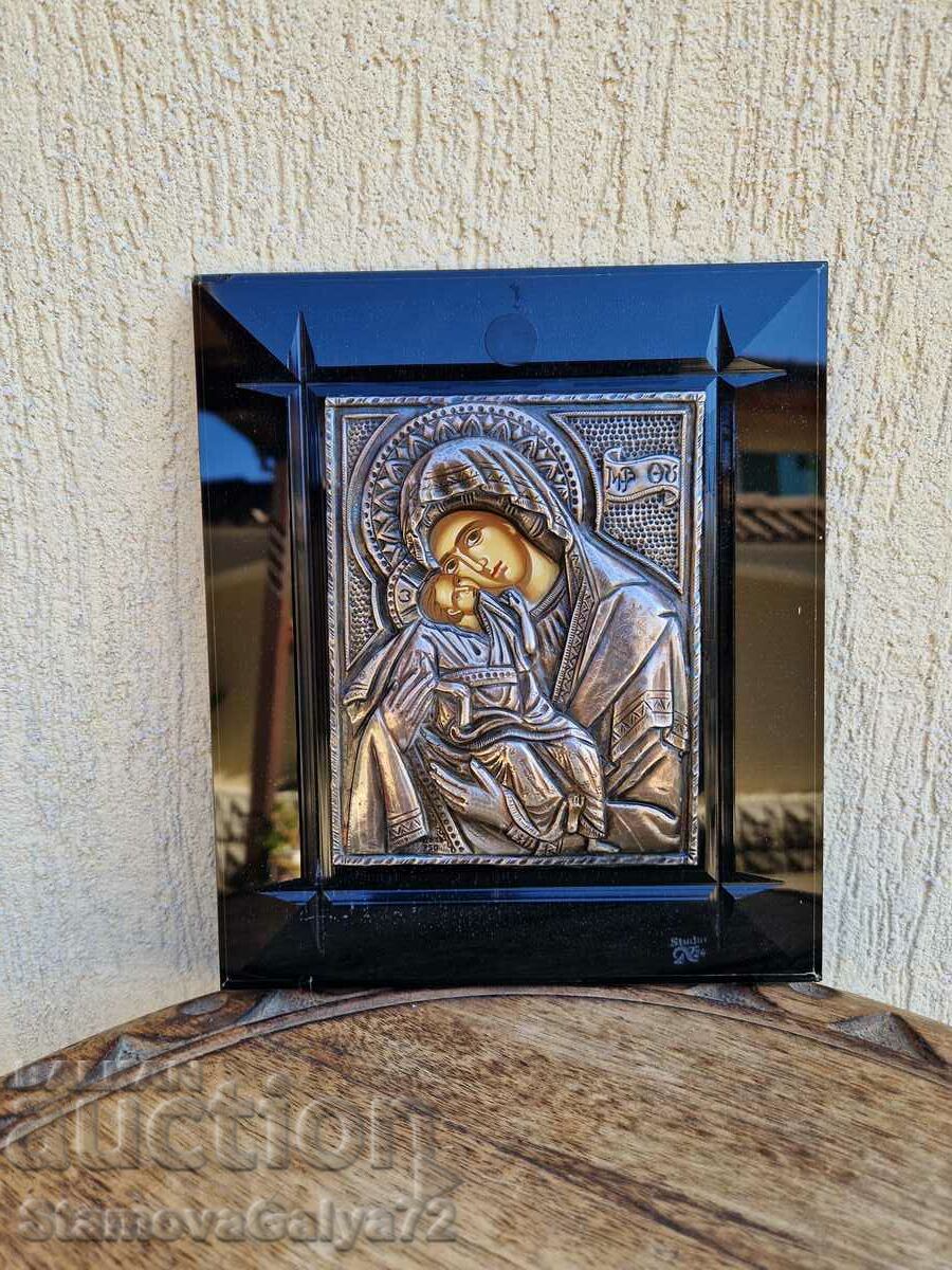 Lovely very beautiful silver icon with crystal frame