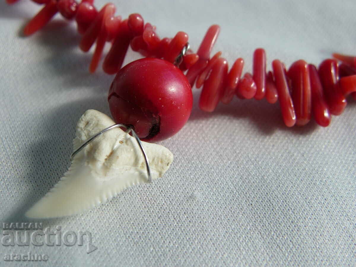 Auction  Coral, shark tooth and silver necklace