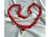 Coral, shark tooth and silver necklace