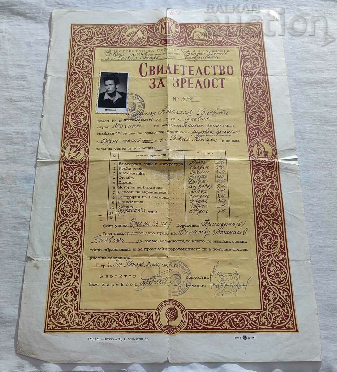 MATURITY CERTIFICATE 1962 BIG KONARE