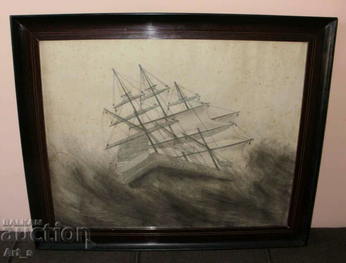 "Sailing ship in a stormy sea" - graphic in a glass frame