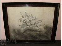 "Sailing ship in a stormy sea" - graphic in a glass frame