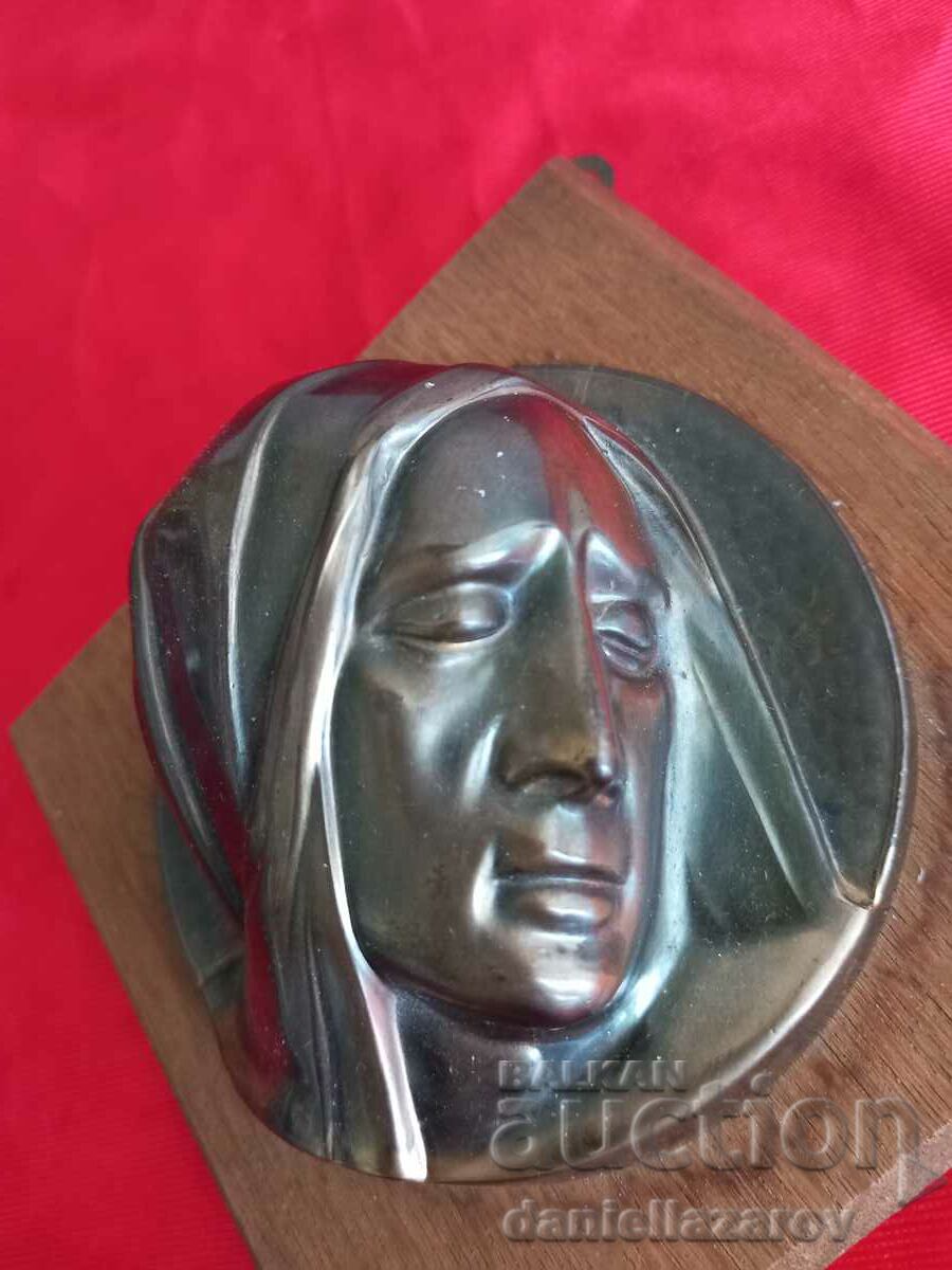 Auction Old Relief Icon of the Virgin Mary, Wood and Metal Auction Old Relief Icon of the Virgin Mary, Wood and Metal