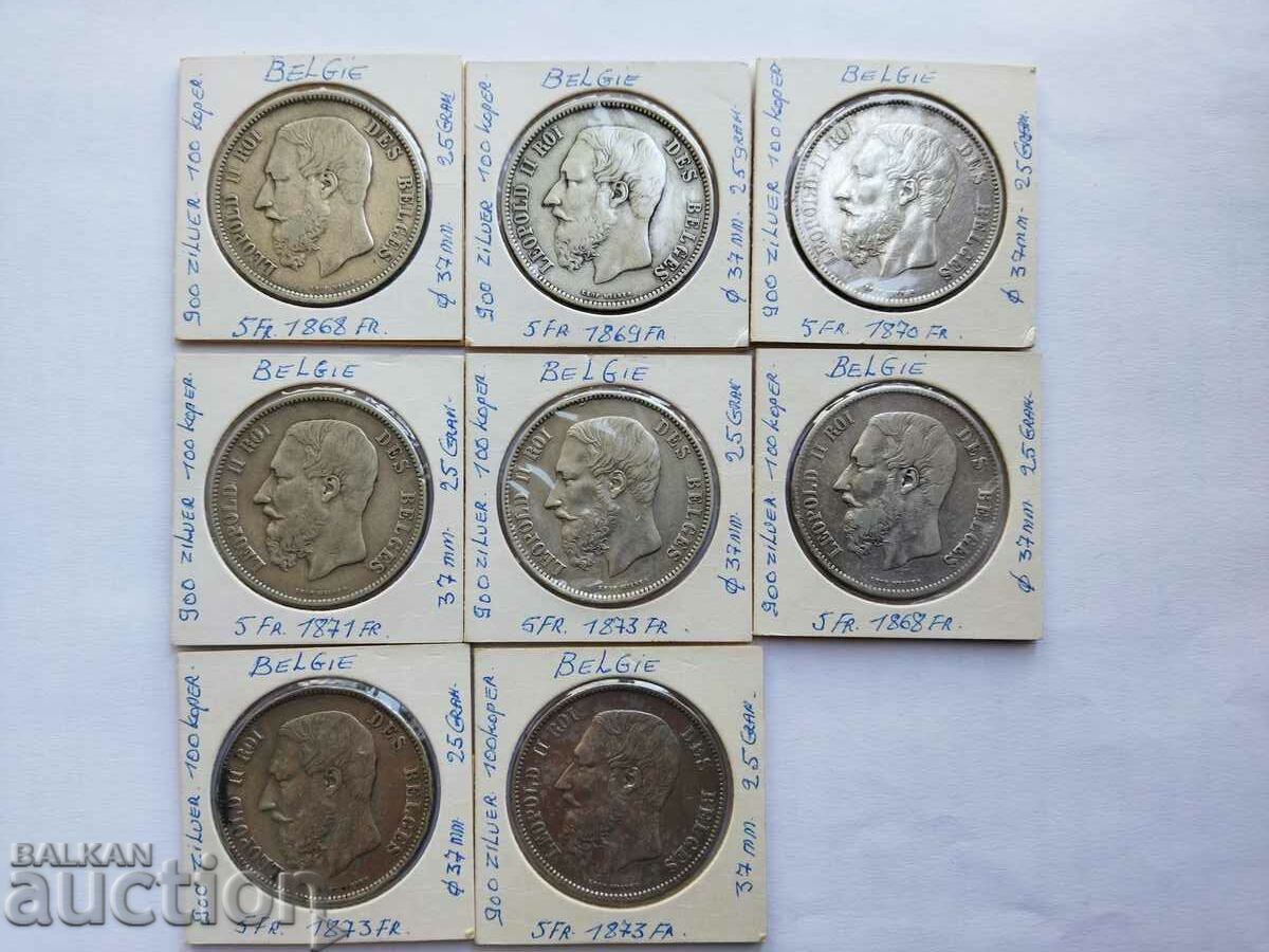 8 pcs. 5 franc coins Belgium 1868, 69, 70, 71 and 1873.