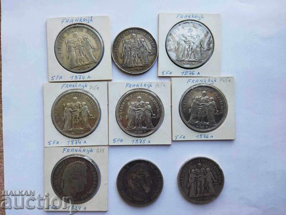 9 pcs. coins of 5 francs France 1834, 46, 48, 74, 75 and 76.