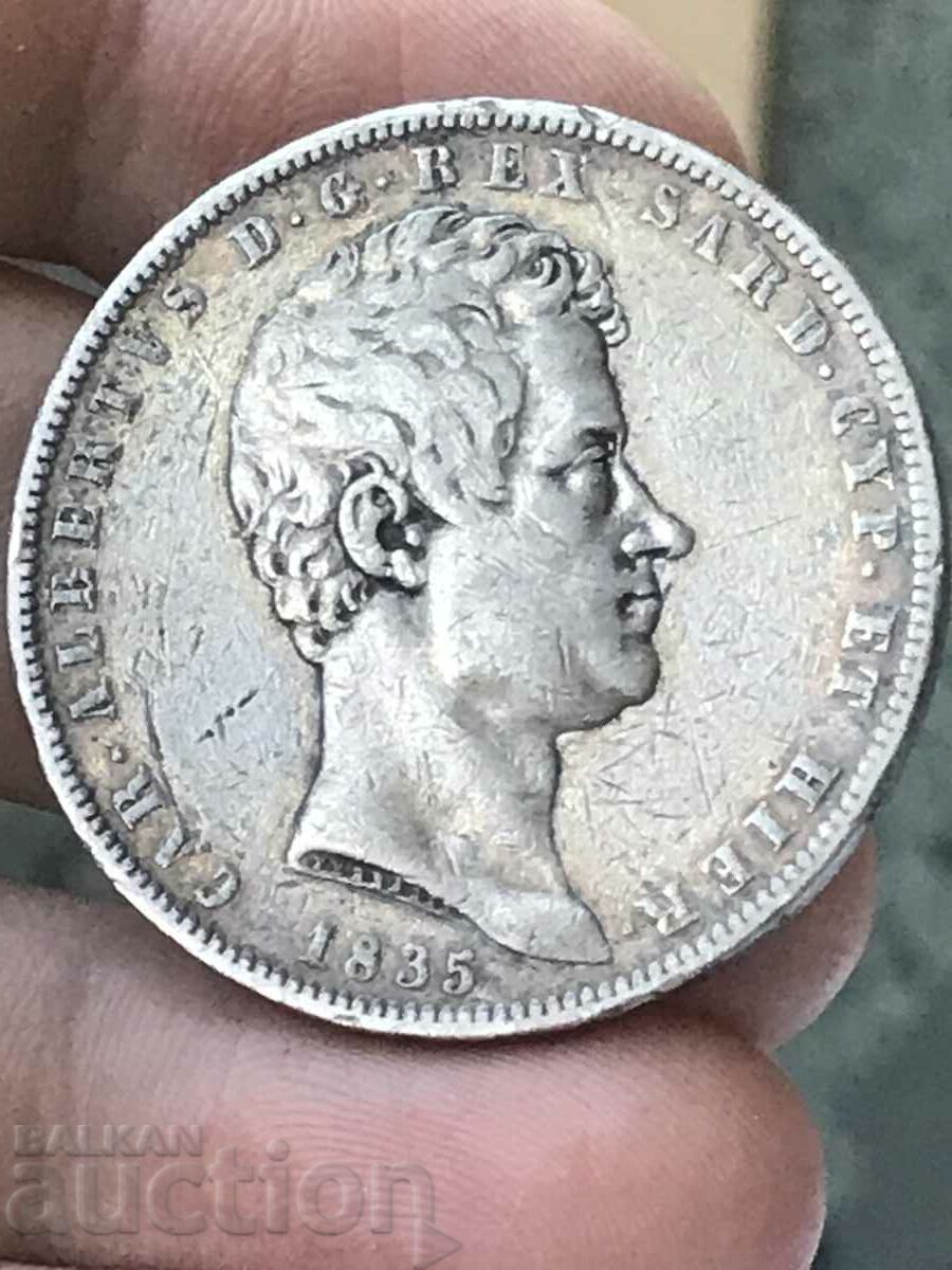 Italy Sardinia 5 Lire 1835 Silver