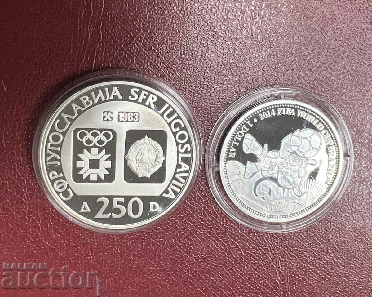 2 monede de argint 1 dolar Elizabeth 2013 și 250 de dinari 1983