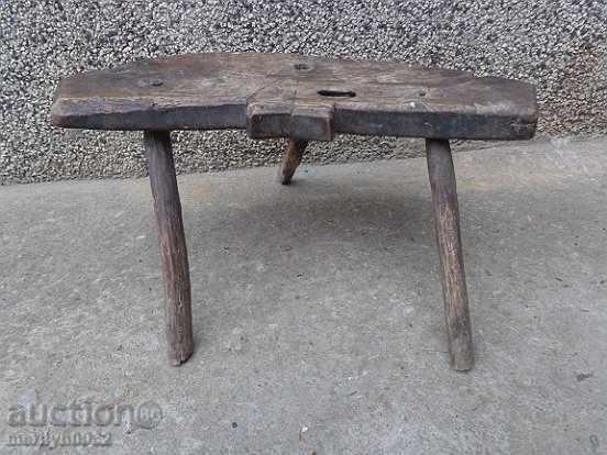 Old three-legged stool, chair, the wooden primitive of 160 years