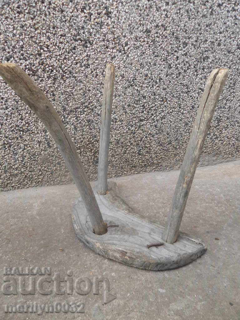Auction Old three-legged stool, chair, wooden, primitive Auction Old three-legged stool, chair, wooden, primitive