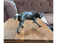 Old bronze sculpture, dog, Weimariner, patina