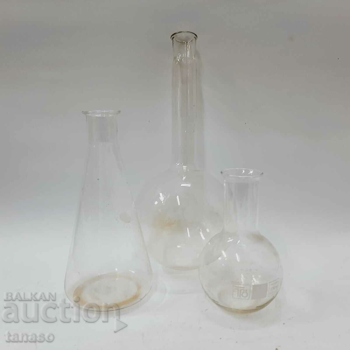 Three old chemical lab flasks Jena therm(11.5)