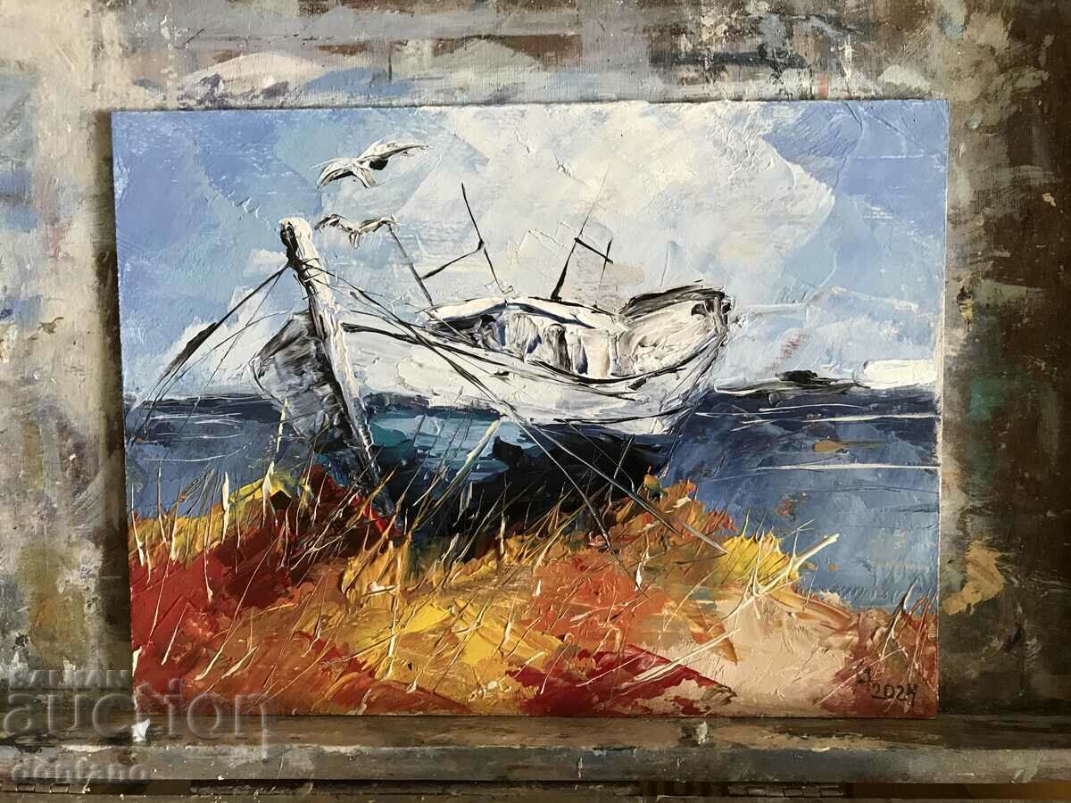 Anton Yordanov-Oil painting-Seascape-Boat on the shore