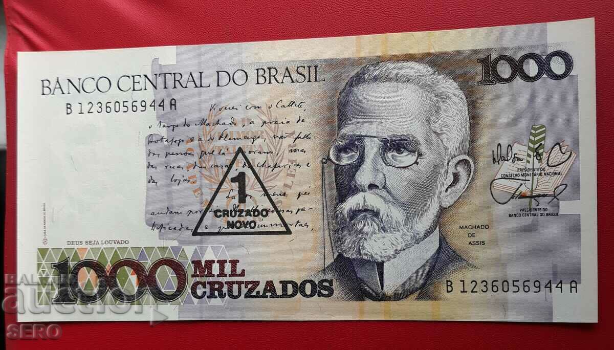 Bancnotă-Brazilia-1 cruzeiro nou pe o bancnotă de 1000 kr.