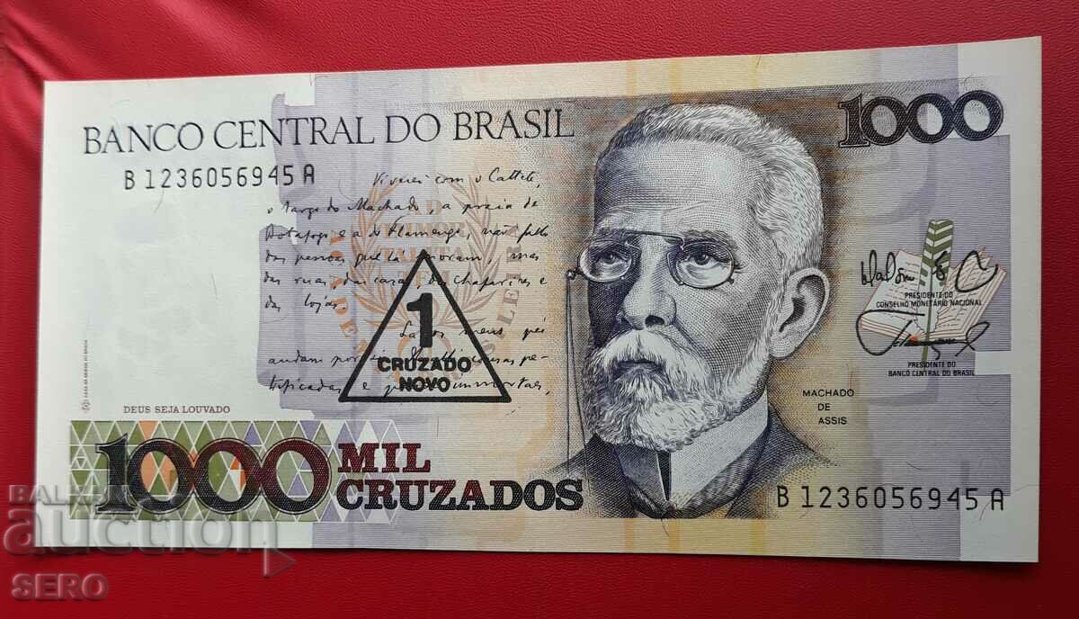 Bancnotă-Brazilia-1 cruzeiro nou pe o bancnotă de 1000 kr.