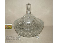 Old glass candy bowl 18 cm, with 3 legs, excellent