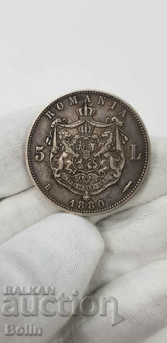 Moneda de argint de colectie 5 lei Romania 1880 Carol I