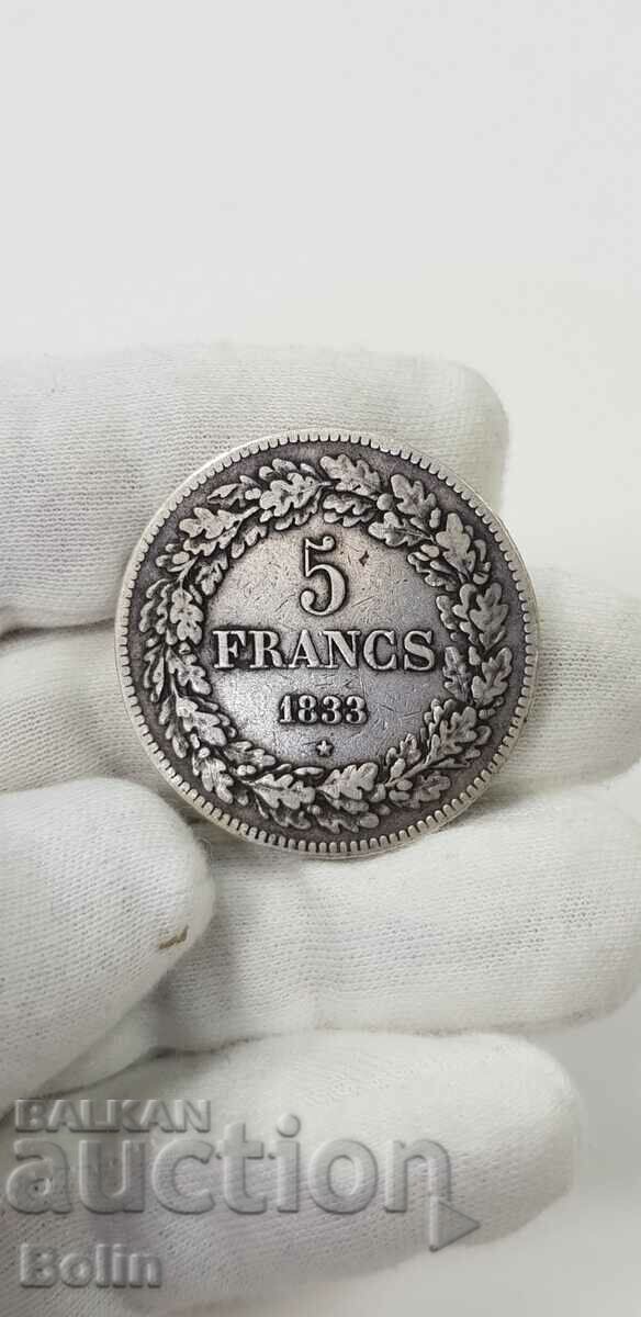Auction  Rare Silver 5 Franc Coin 1833 Belgium Leopold