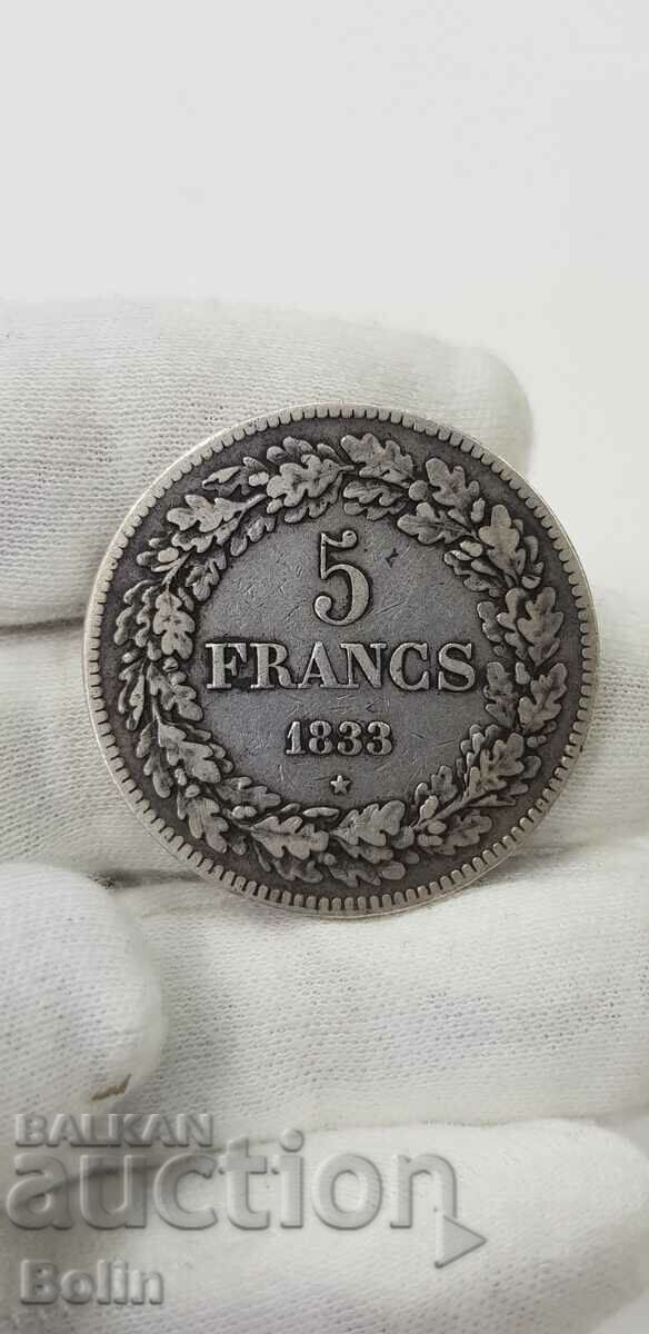 Rare Silver 5 Franc Coin 1833 Belgium Leopold