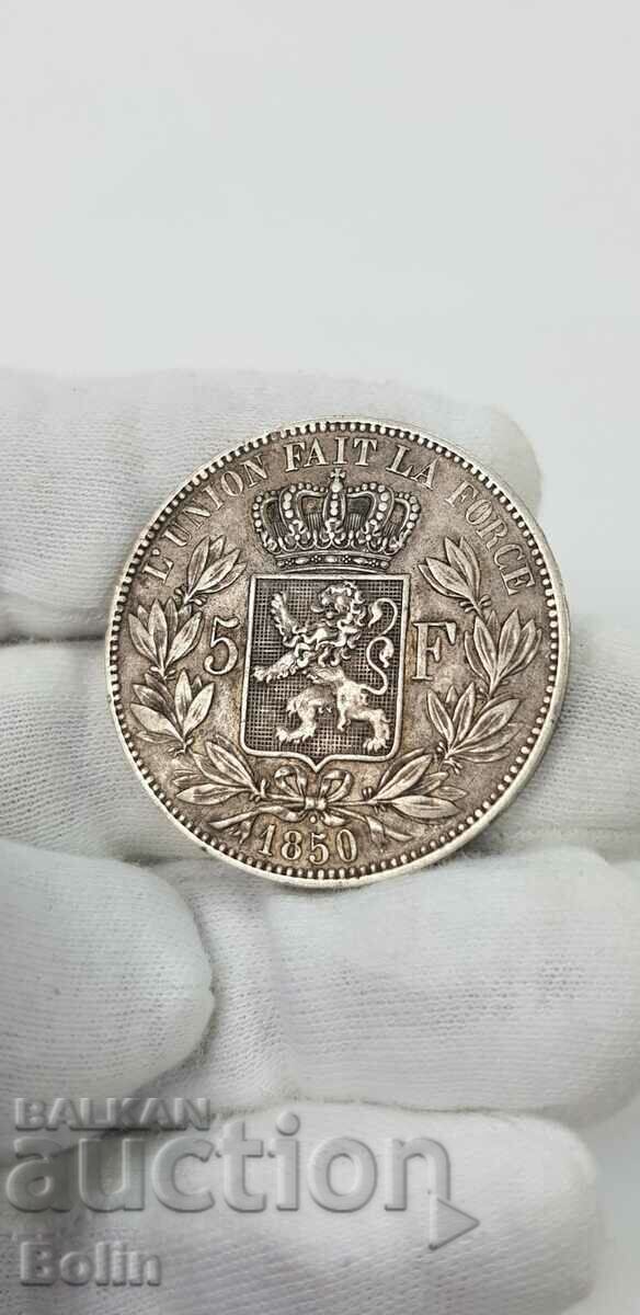 Auction Rare Silver 5 Franc Coin 1850 Belgium Leopold Auction Rare Silver 5 Franc Coin 1850 Belgium Leopold