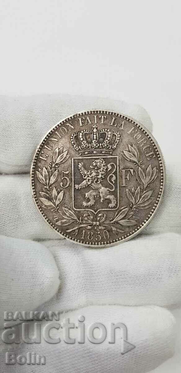 Rare Silver 5 Franc Coin 1850 Belgium Leopold