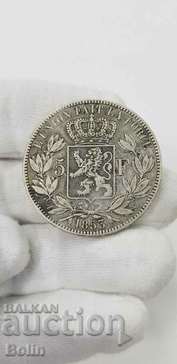 Auction Rare Silver 5 Franc Coin 1853 Belgium Leopold Auction Rare Silver 5 Franc Coin 1853 Belgium Leopold