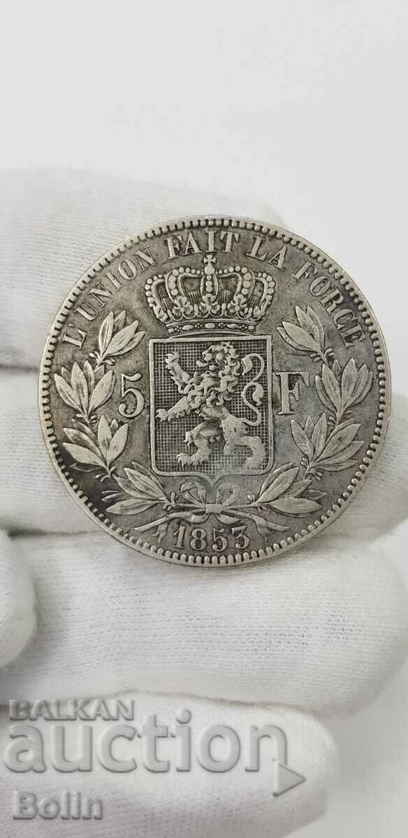 Rare Silver 5 Franc Coin 1853 Belgium Leopold