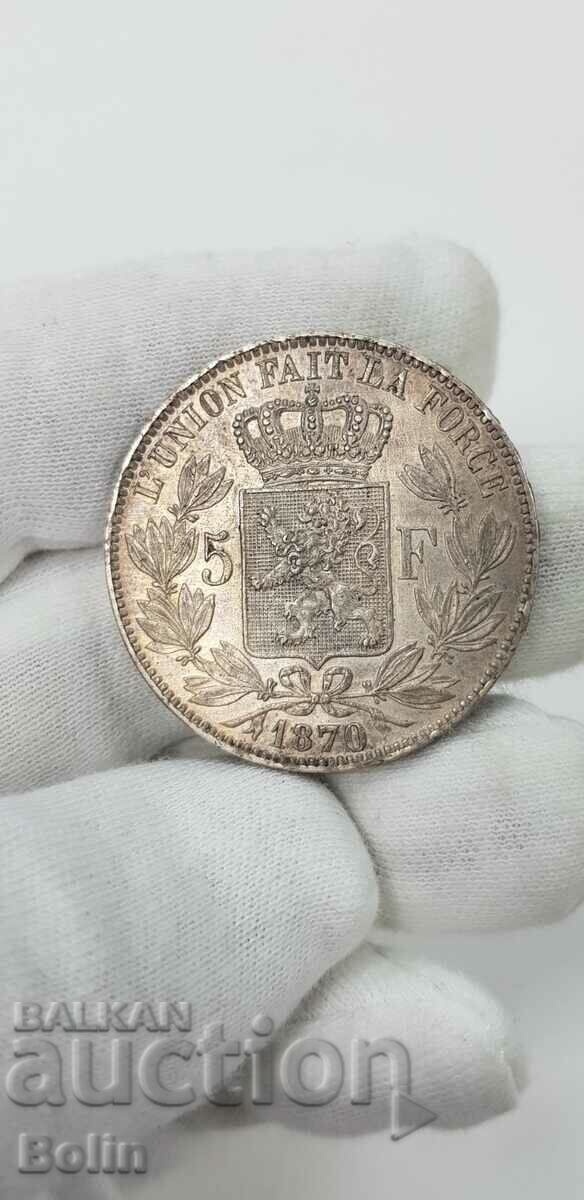 Delivery of Beautiful silver 5 franc coin 1870 Belgium Leopold Delivery of Beautiful silver 5 franc coin 1870 Belgium Leopold