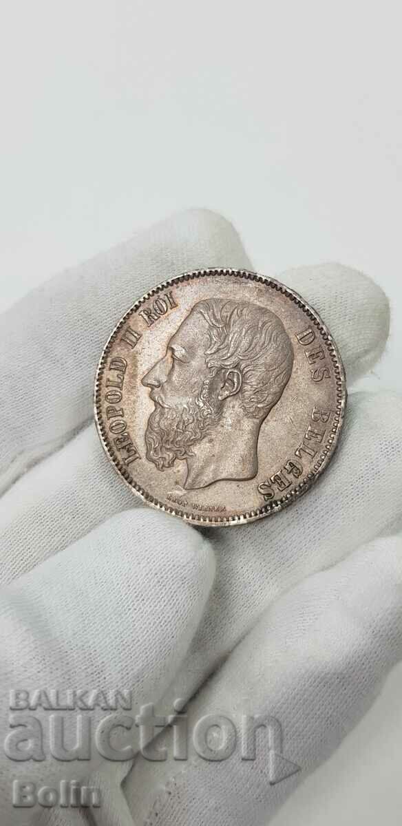 Beautiful silver 5 franc coin 1870 Belgium Leopold - 5 Beautiful silver 5 franc coin 1870 Belgium Leopold - 5