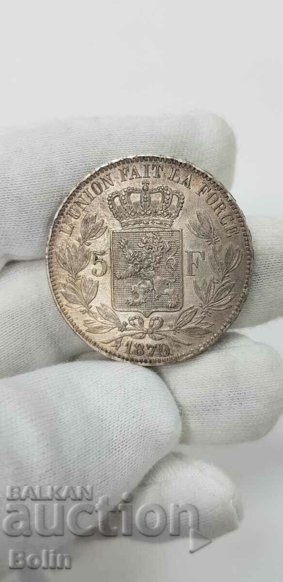 Beautiful silver 5 franc coin 1870 Belgium Leopold